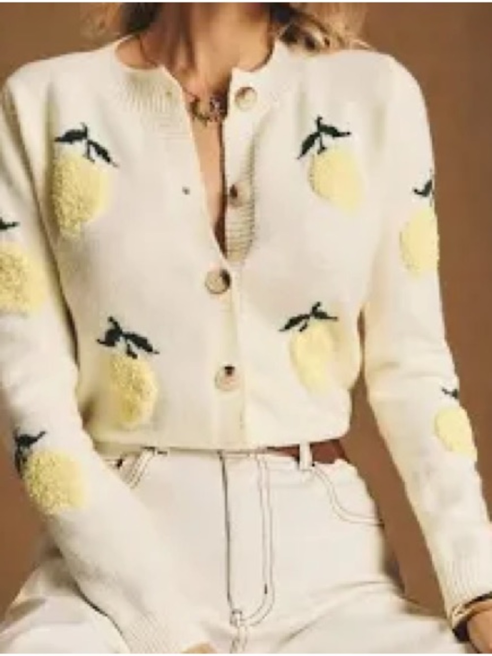 Cream Lemon-Print Button-Up Cardigan Sweater - Women